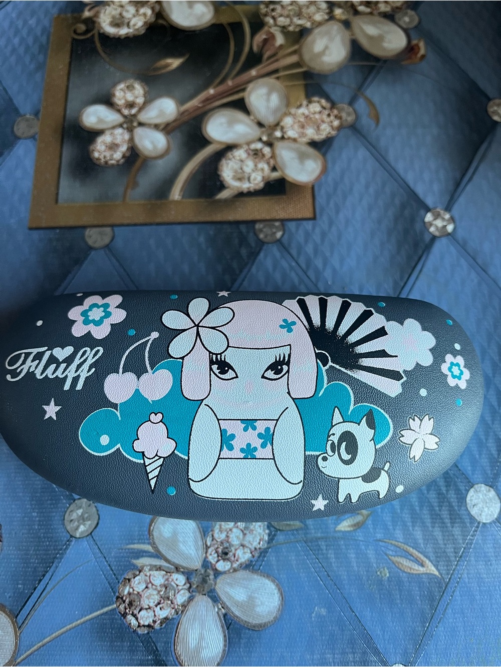 Fluff Teal Kids Sunglasses Case with Cartoon Girl